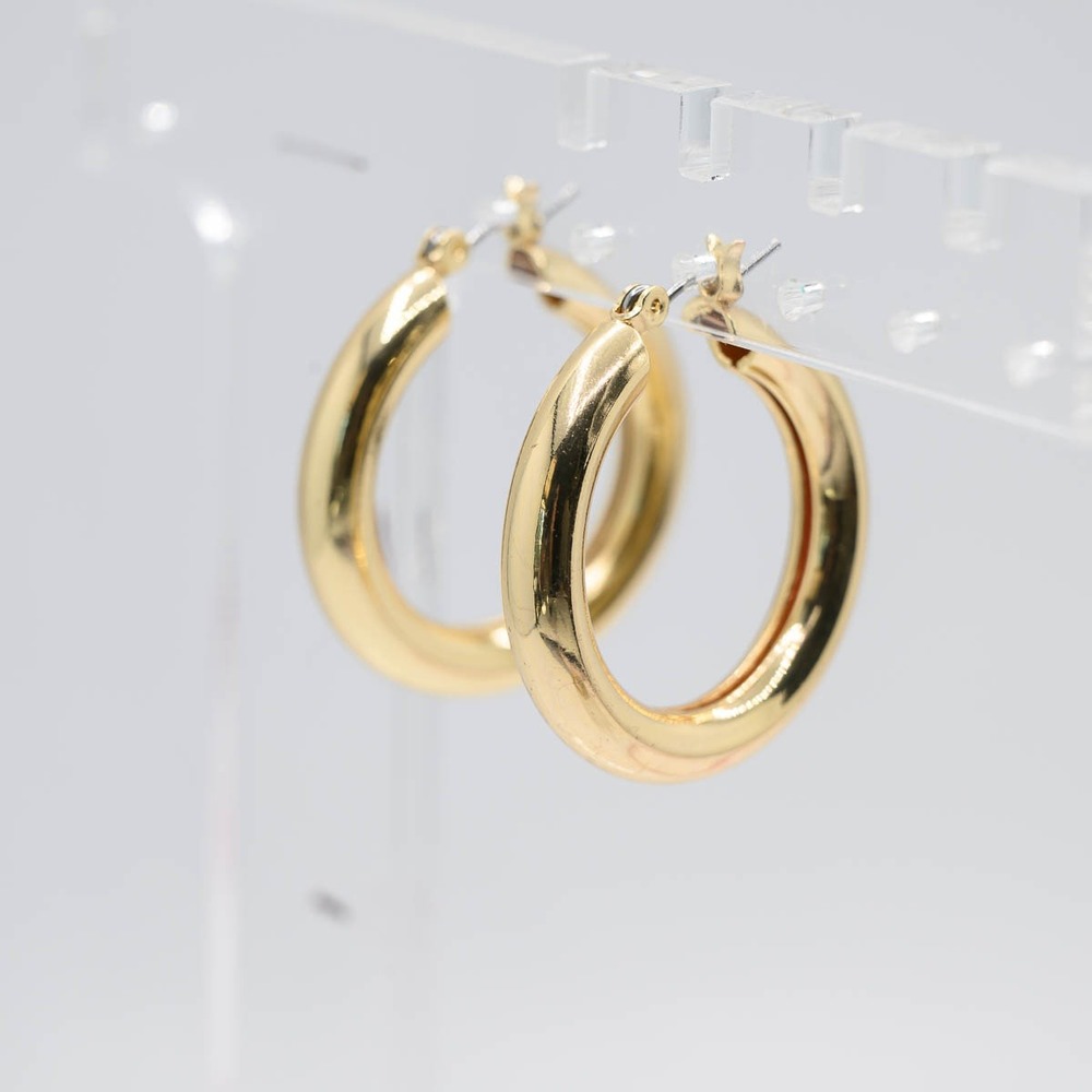 Hoop Earrings Gold Tone Polished Thick Tubular Medium Latch Back